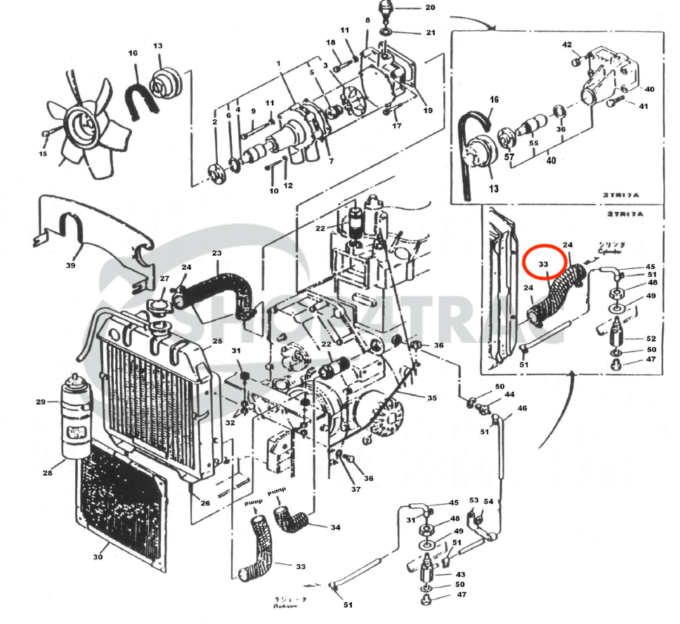 Durite de radiateur inférieure Yanmar YM1300-YM1700 | YM135 - YM165 - 3