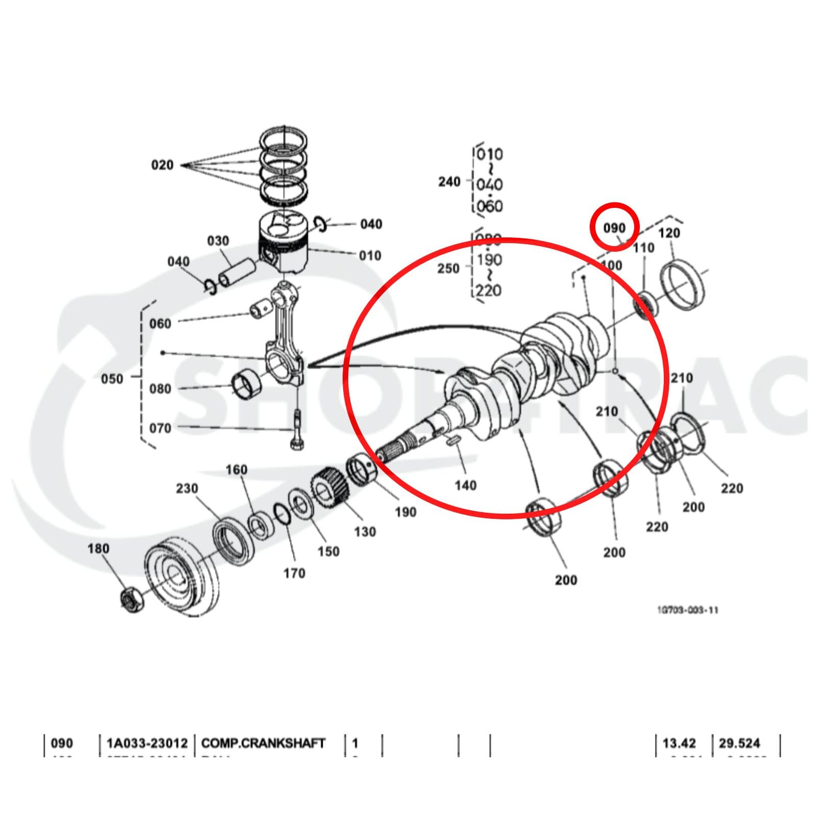 Vilebrequin moteur Kubota D1703 | 60MM | Shop4Trac